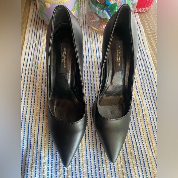 Dolce&Gabbana Heels Pumps Shoes Pointed Toe Black High Block Rhinestone Sz 37 - Picture 2 of 8